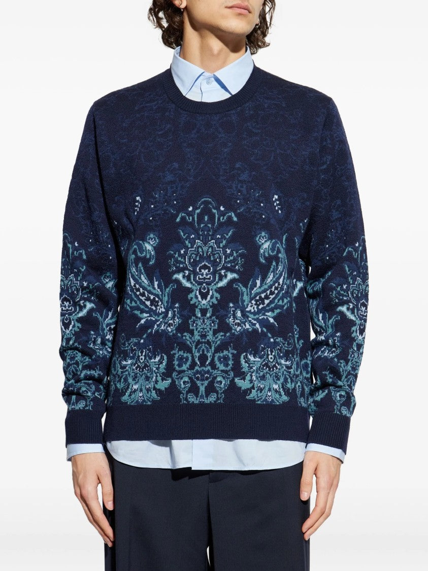 Etro Jacquard Floral Navy Wool Knit Sweater