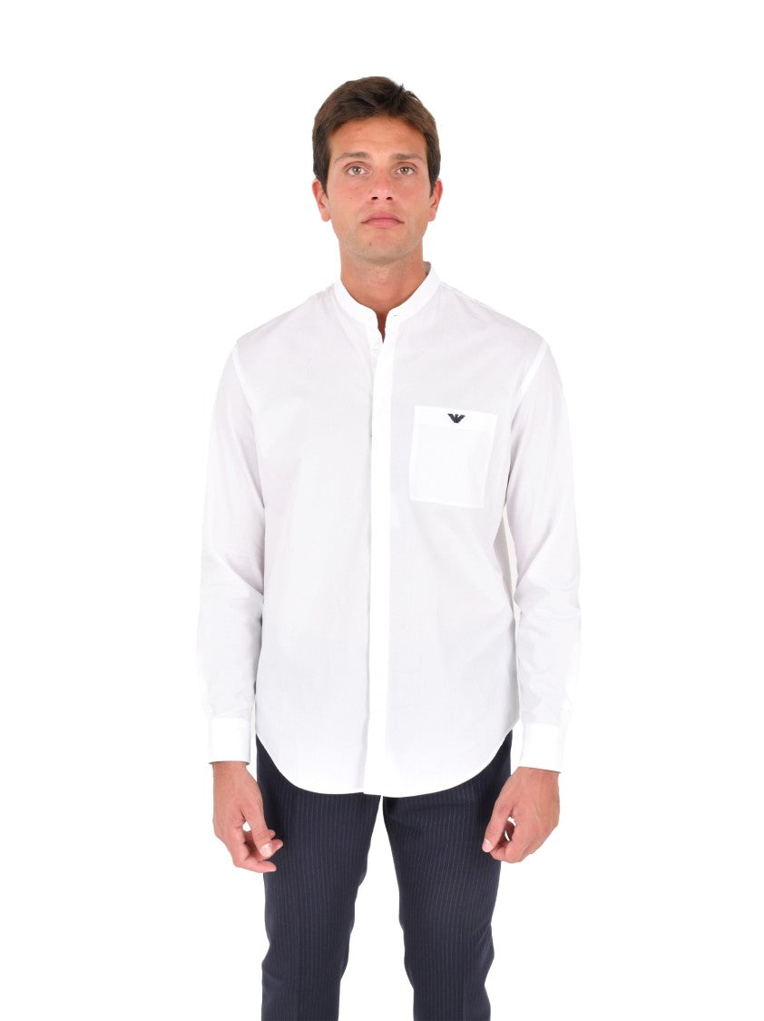 Emporio Armani Mandarin Collar White Shirt With Contrasting Logo
