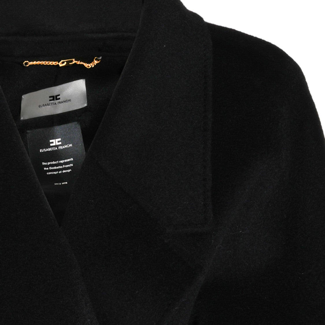 Elisabetta Franchi Long Black Wool Coat With Self-Tie Belt And Classic Lapels