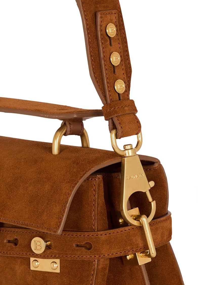 Balmain Medium Structured Suede Handbag Leather Accents