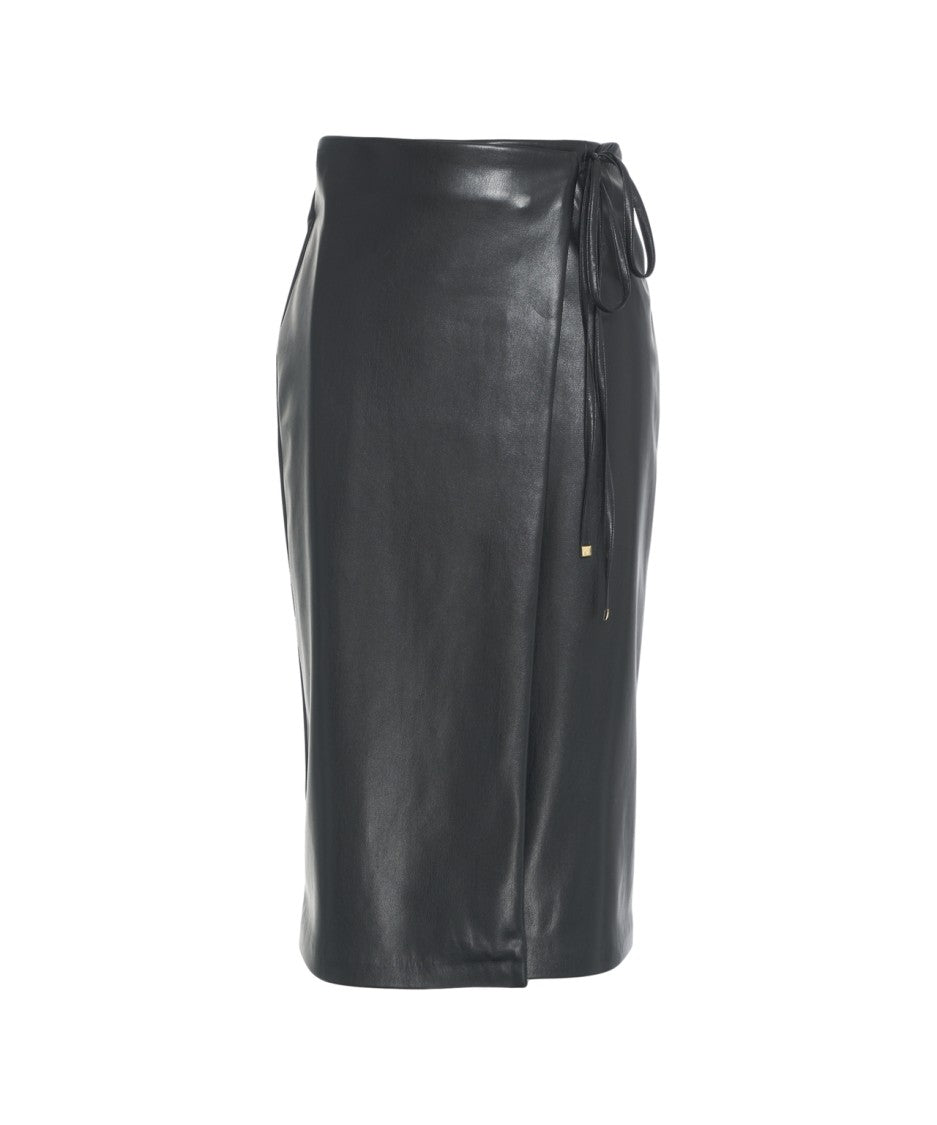 Guess By Marciano Black Vegan Leather Midi Wrap Skirt With Side Bow Detail
