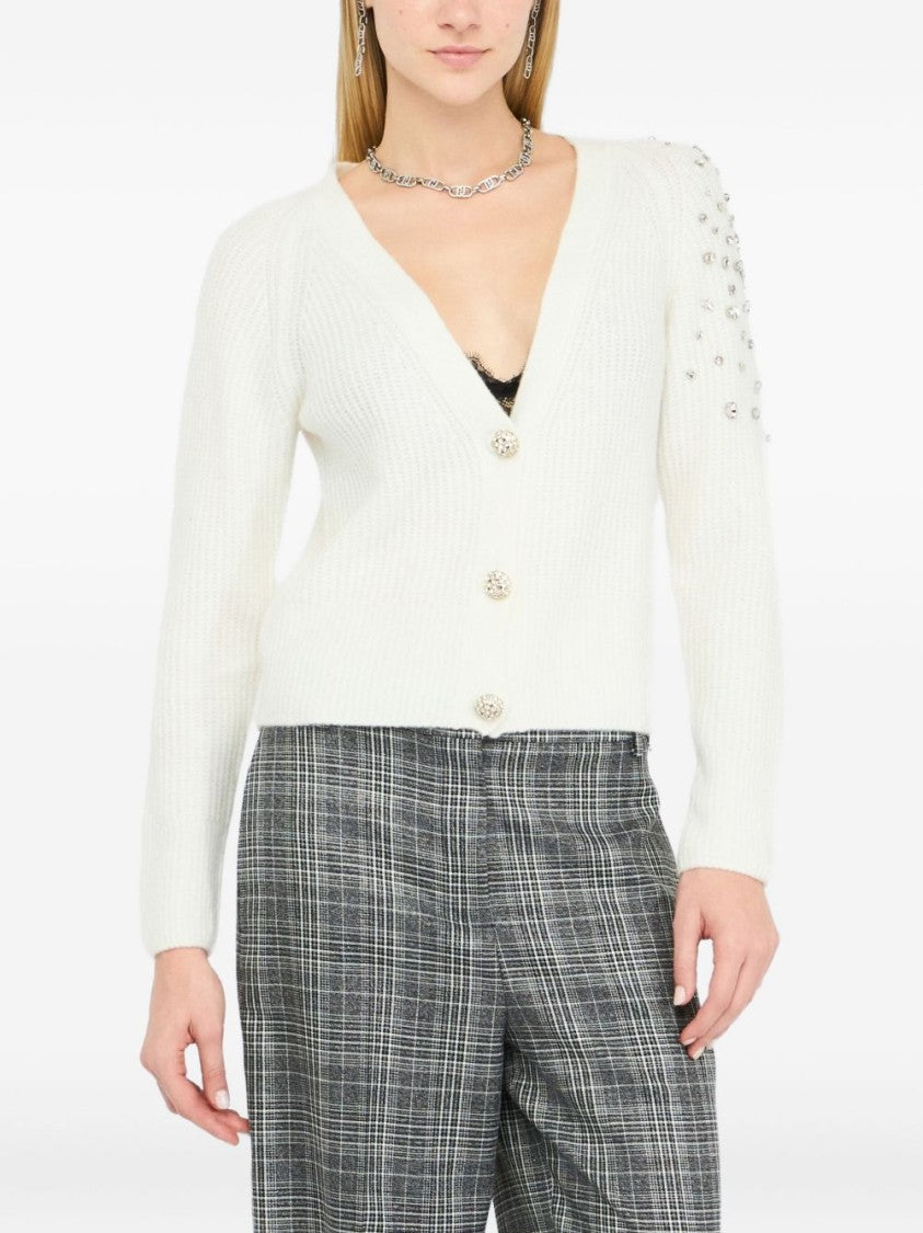 Liu Jo Textured White Sweater With Deep V-Neckline And Embellished Shoulder