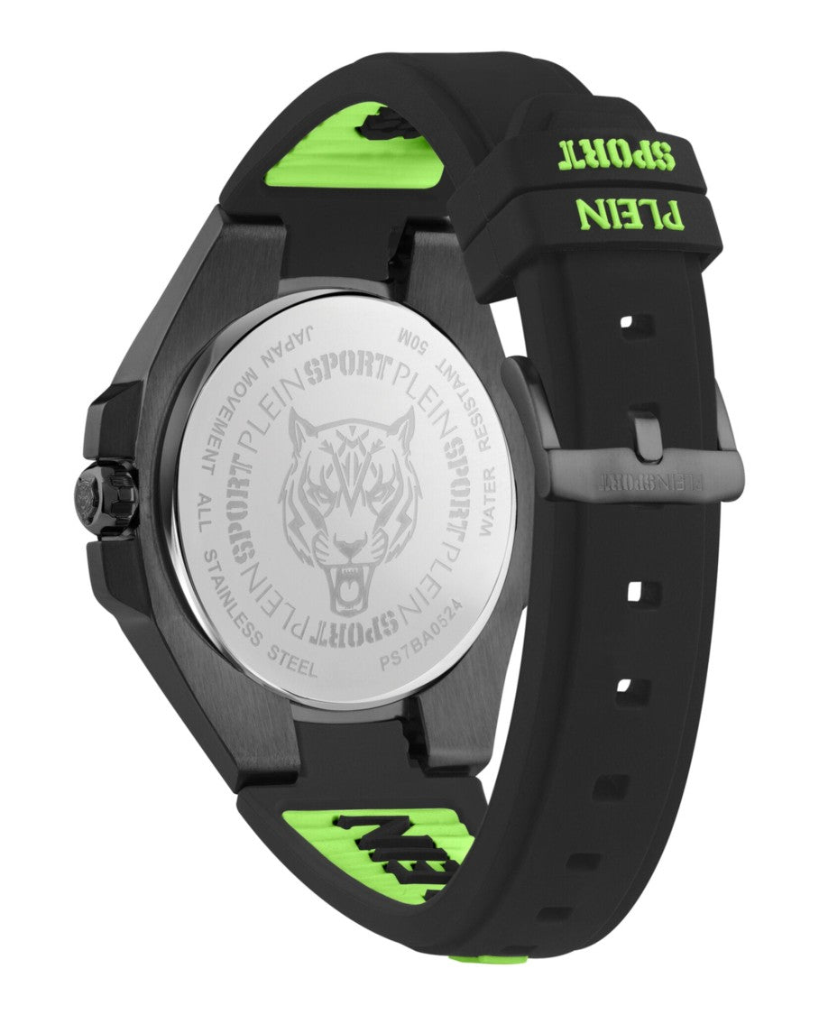 Plein Sport 47Mm Black Enamel Dial Silicone Watch With Date Function