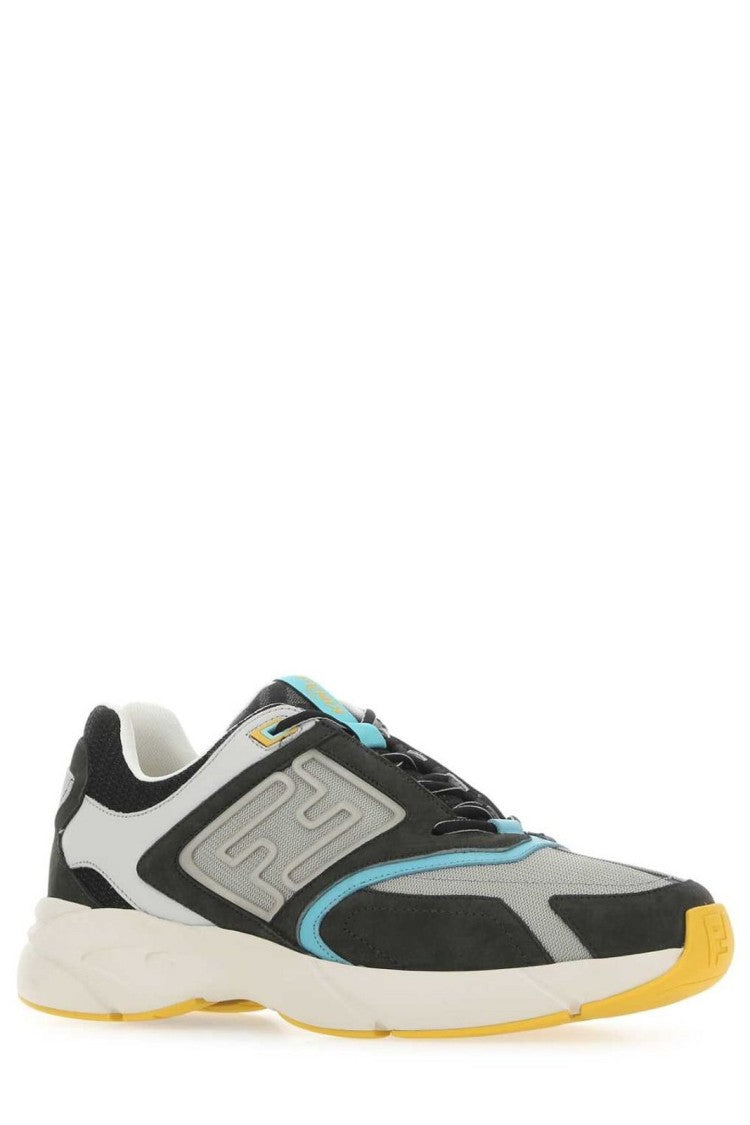 Fendi Layered Grey Calf Leather Sneakers With Textured Panels