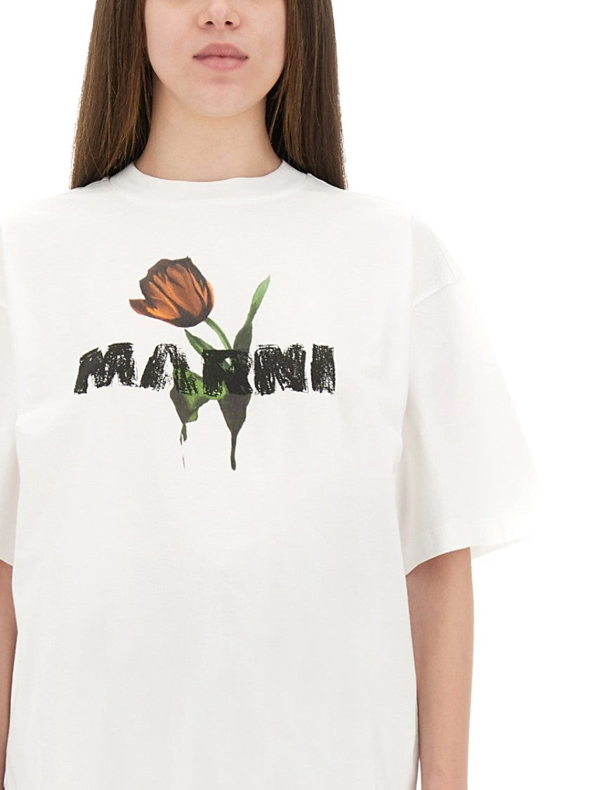 Marni White Cotton T-Shirt With Tulip Print