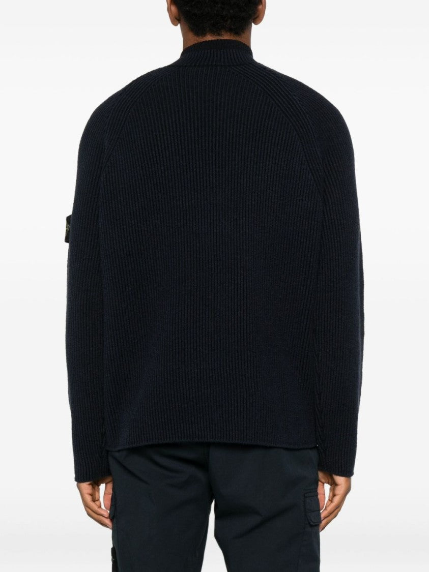 Stone Island Half-Zip Ribbed Knit Sweater With High Collar