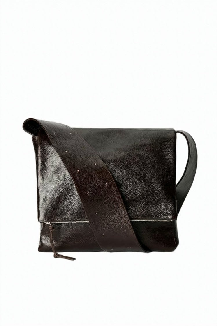 Our Legacy Smooth Brown Leather Shoulder Bag With Textured Strap
