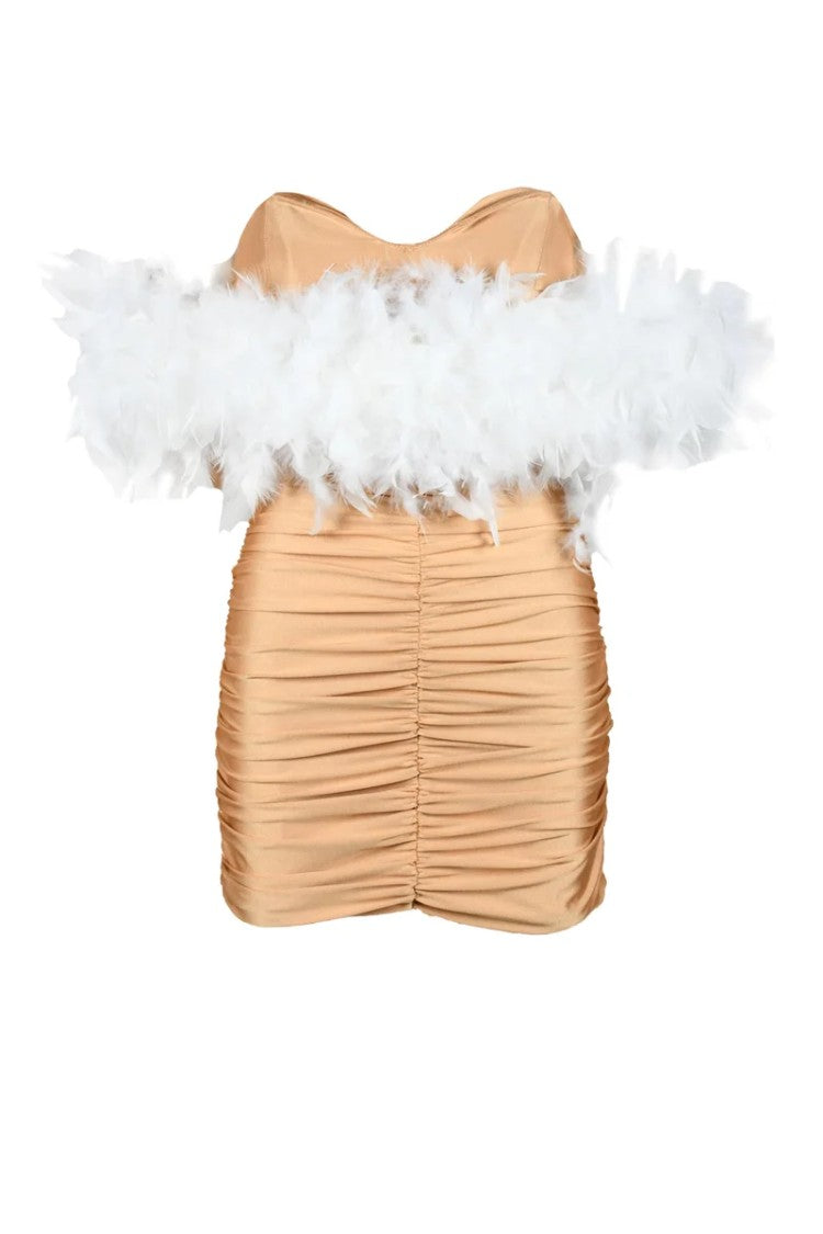 Santas* Beige Strapless Polyester Feather Dress