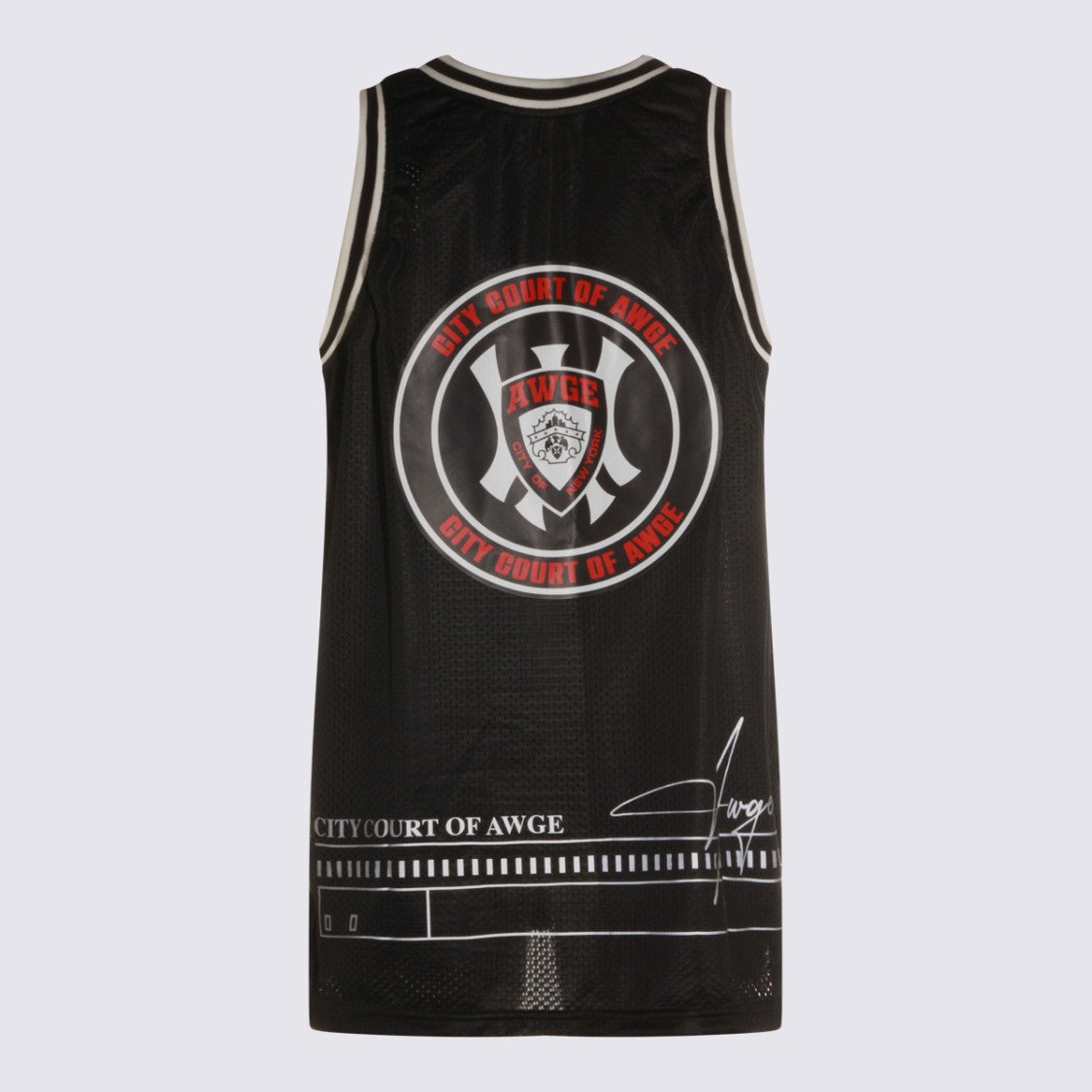 Awge Sleeveless Mesh Top With Ribbed Trim And Graphics
