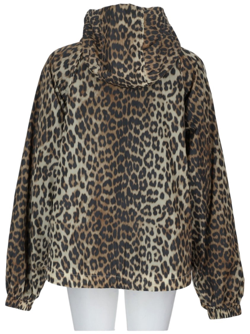Ganni Cropped Leopard Print Recycled Nylon Hooded Jacket