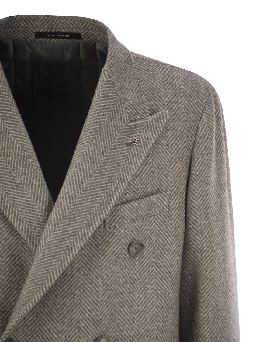 Tagliatore Herringbone Coat In Virgin Wool And Cashmere