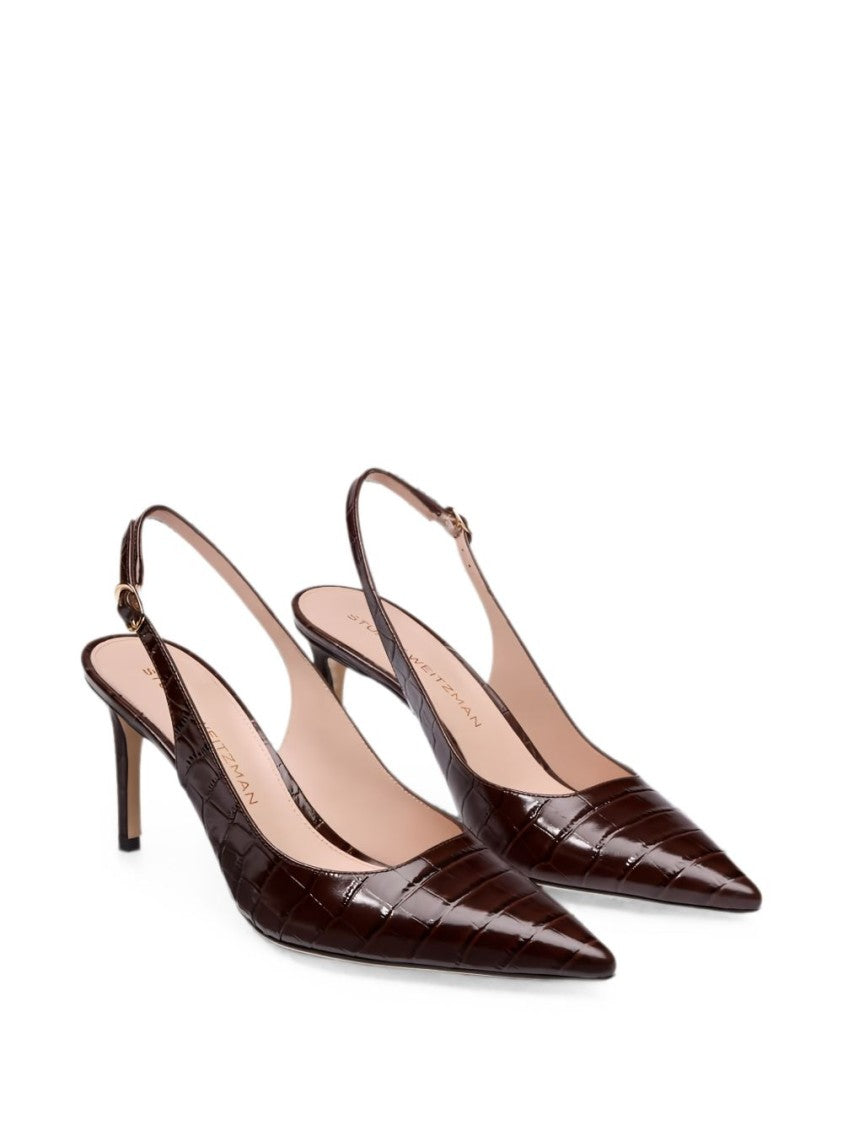 Stuart Weitzman Black Pointed Toe Crocodile-Embossed Slingback