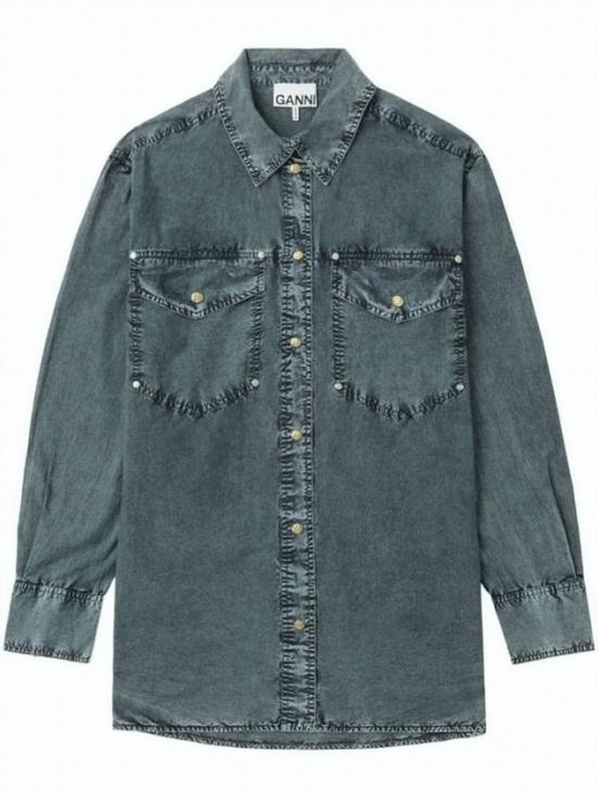 Ganni Classic Collar Denim Shirt With Vintage Wash