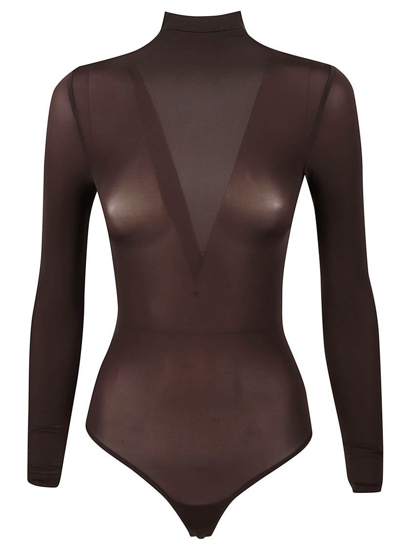 Wolford Translucent Brown Bodysuit With High Neckline And Thong Bottom