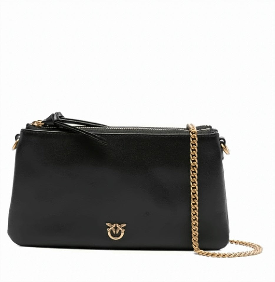 Pinko Black Smooth Gold-Tone Chain Shoulder Bag