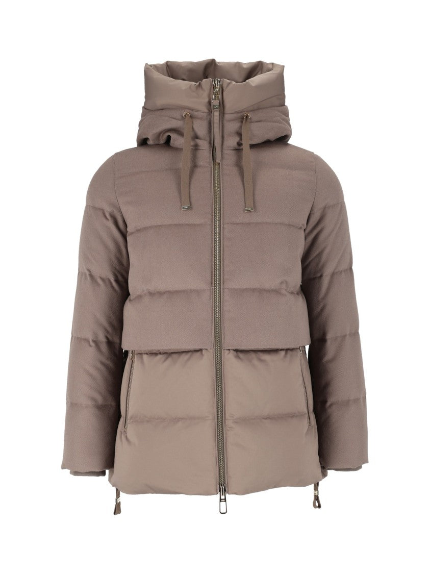 Duno Brown Quilted Hooded Adjustable Down Coat
