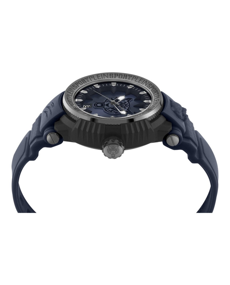Plein Sport Tiger Motif 45Mm Black Silicone Watch With Blue Sunray Dial