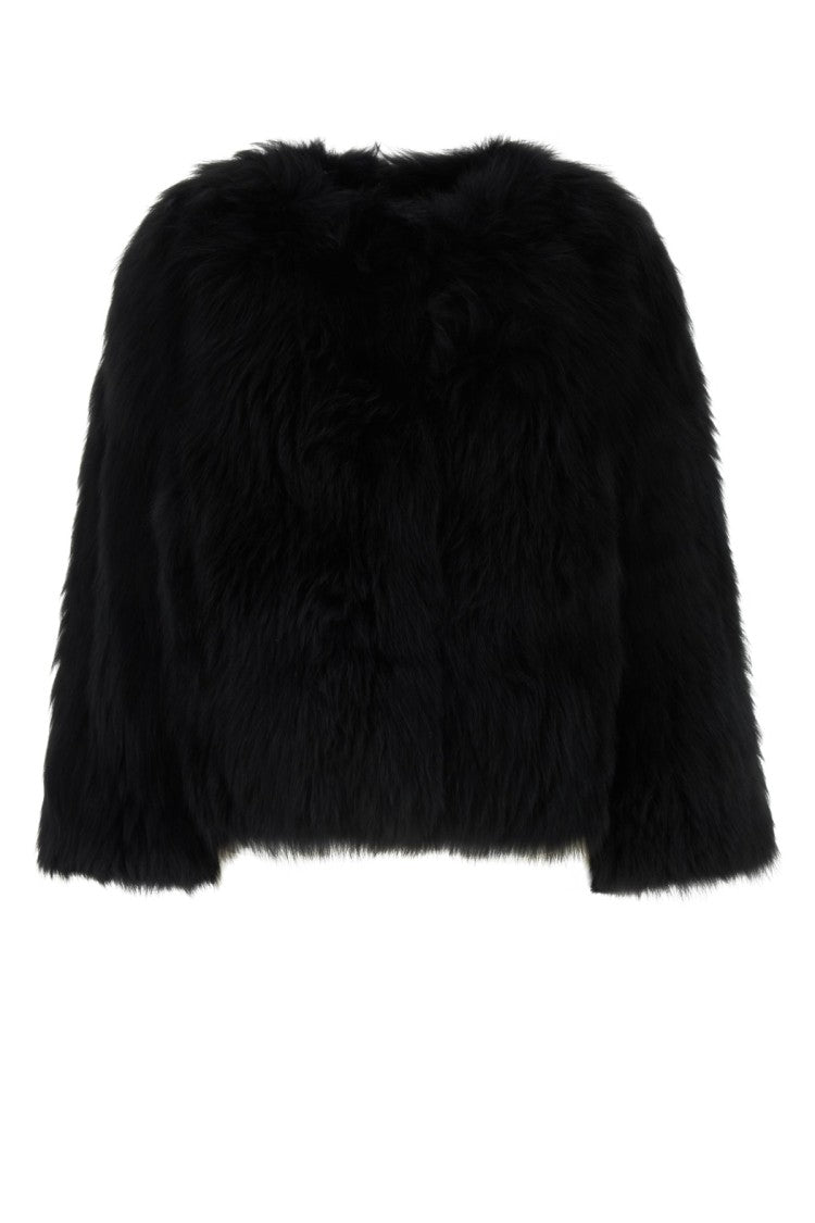 Yves Salomon Plush Textured Black Fur & Shearling Jacket