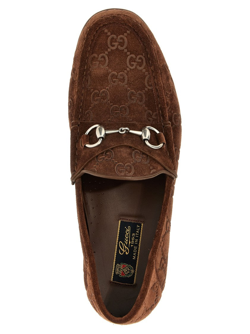Gucci Brown Suede Loafers With Embossed Gg Pattern