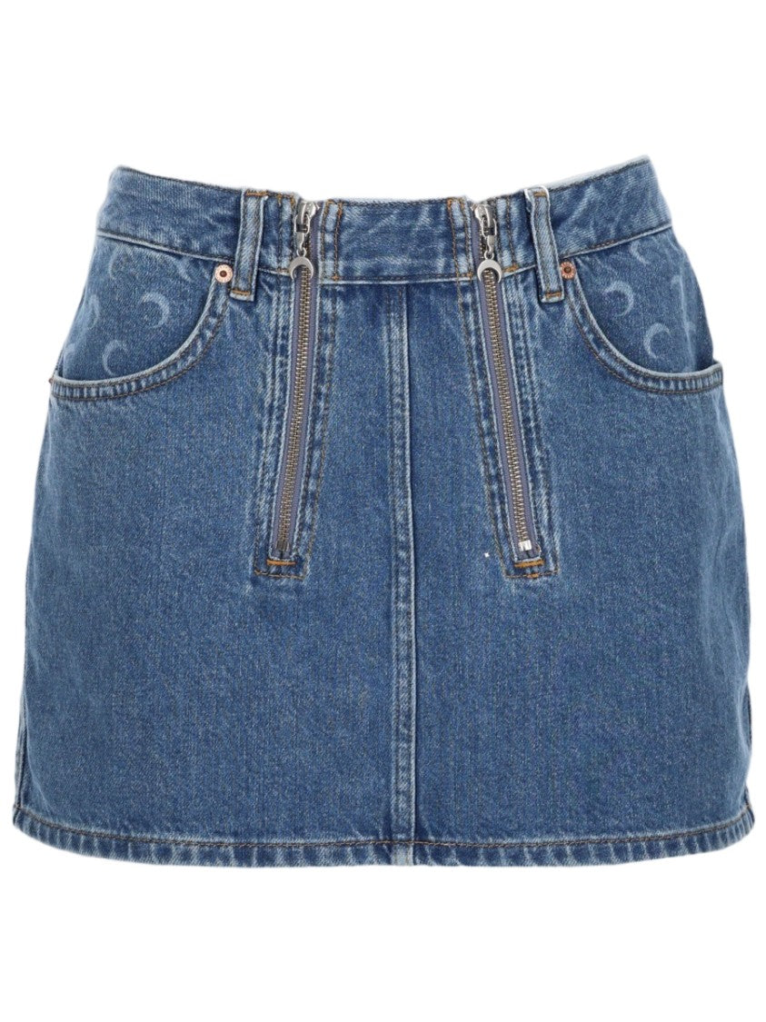 Marine Serre High-Waisted Crescent Pattern Denim Mini Skirt
