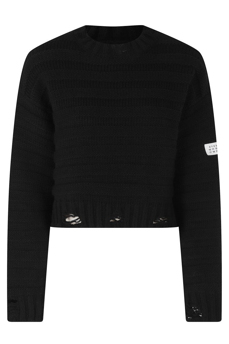 Mm6 By Maison Margiela Black Distressed Cropped Ribbed Trim Wool-Blend Sweater