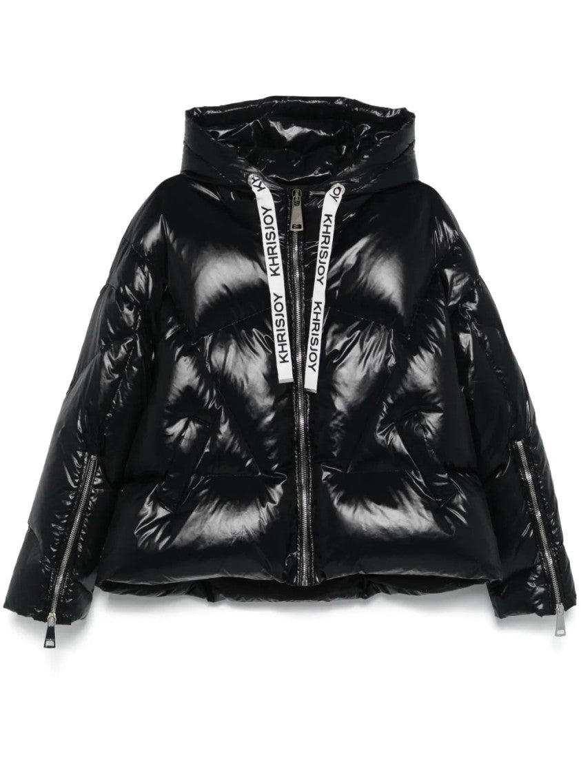Khrisjoy Glossy Black Puffer Jacket With Feather Insulation And Hood
