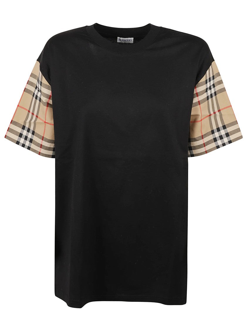 Burberry Black T-Shirt With Plaid Patterned Sleeves