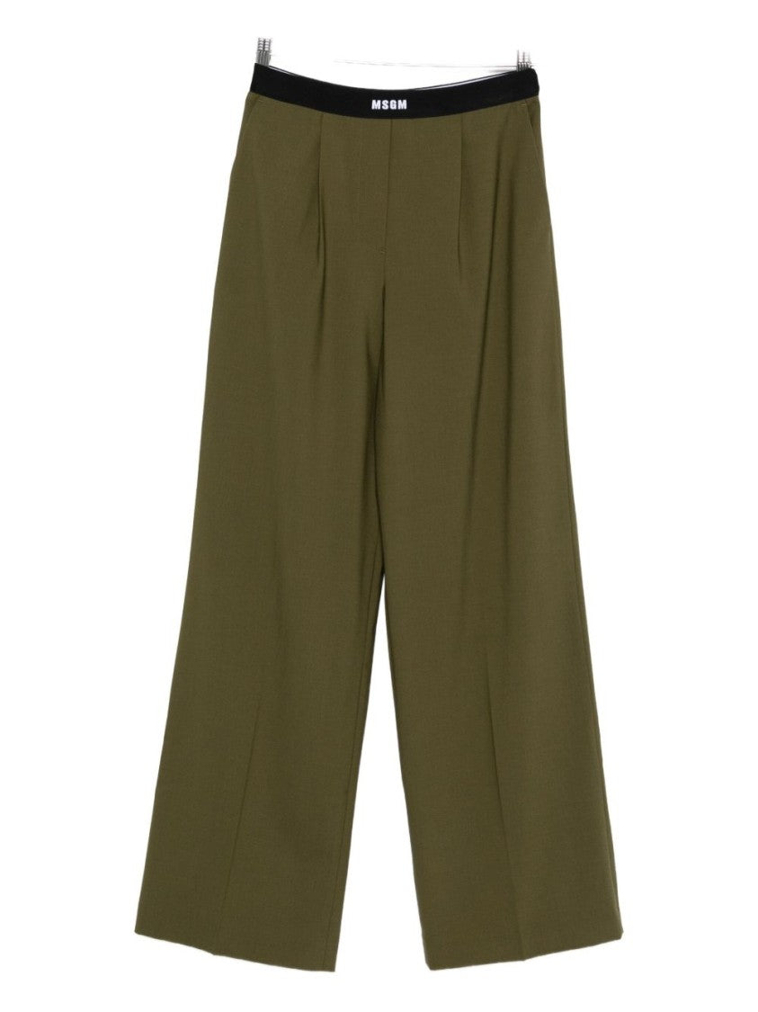 Msgm Cropped Olive Green Wide-Leg Trousers