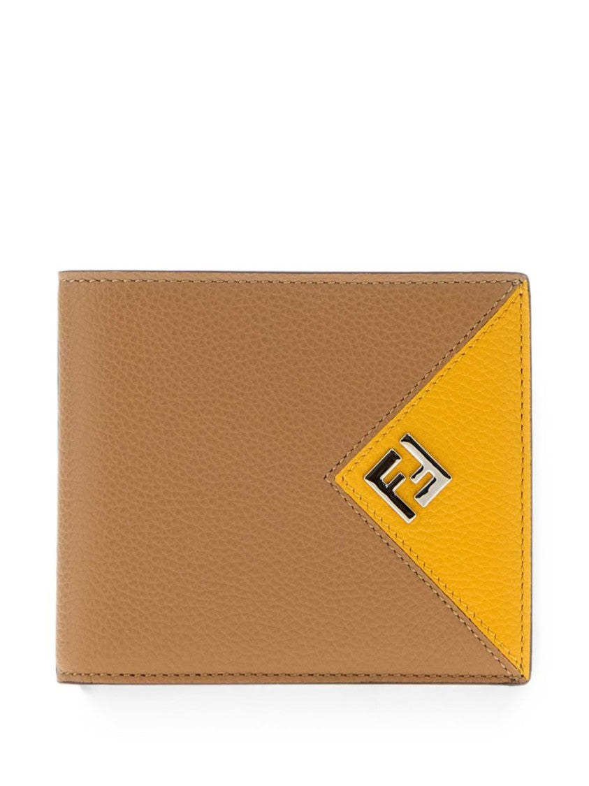 Fendi Textured Leather Bifold Wallet With Triangular Yellow Accent