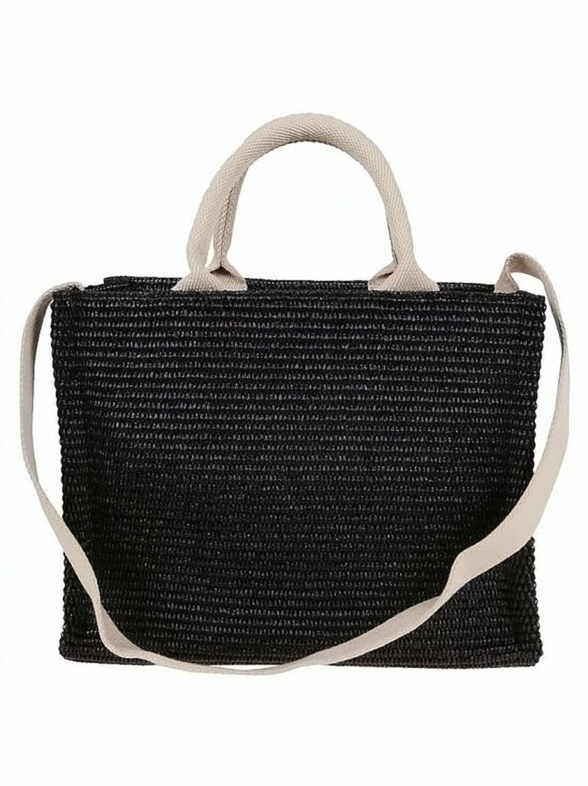 Marni Textured Black Woven Tote Bag With Beige Handles