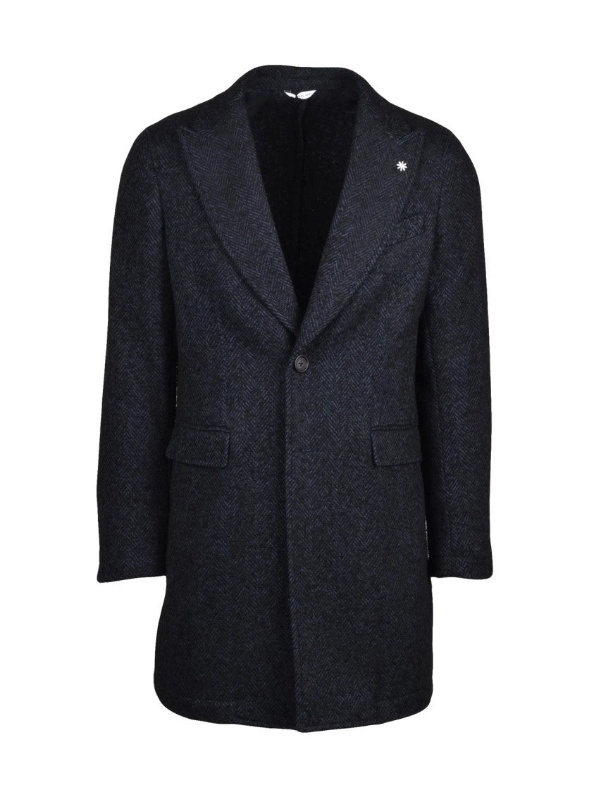 Manuel Ritz Blue/Black Tailored Herringbone Polyester-Blend Coat