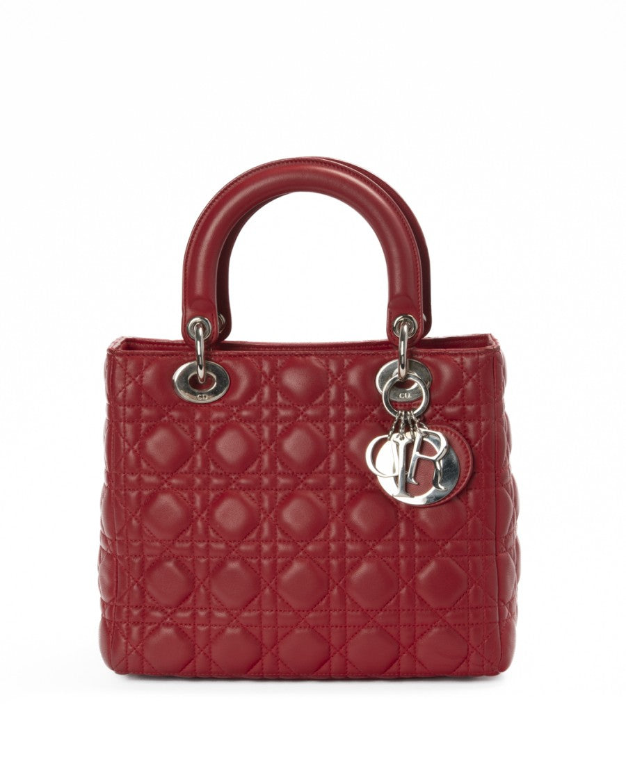 Dior Medium Red Leather Cannage Handbag With Silver Hardware