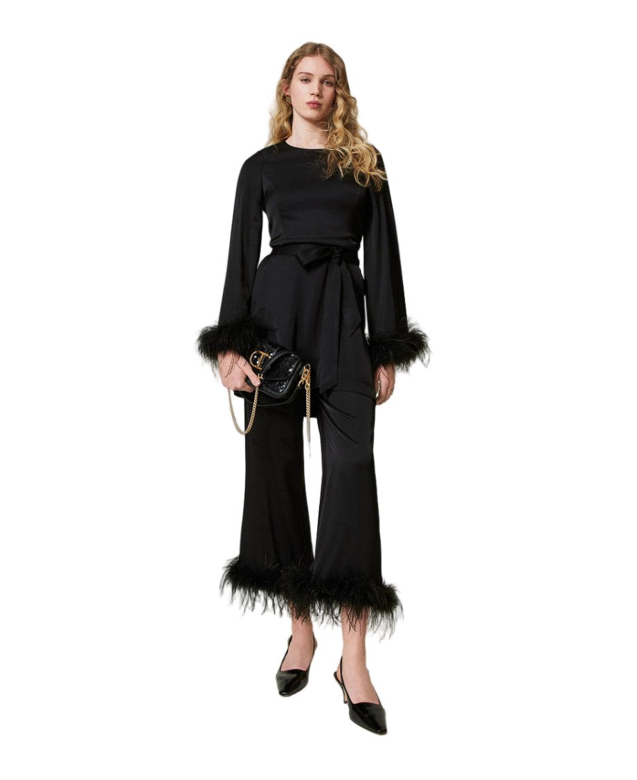 Twin-Set Black Viscose Satin Feather-Trimmed Cuffs Mini Dress