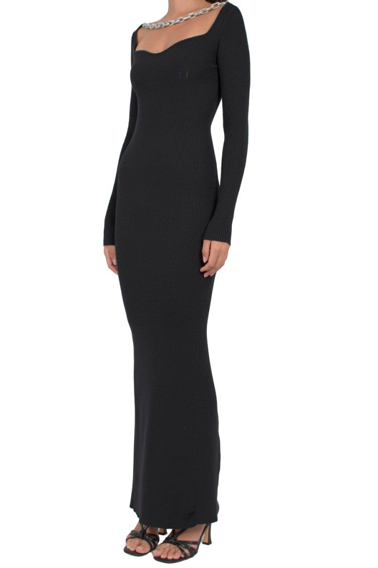 Giuseppe Di Morabito Black Chain Detail Sweetheart Wool-Blend Maxi Dress