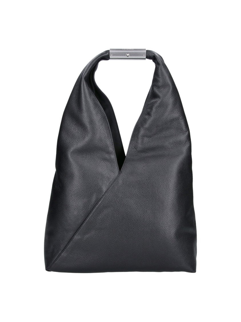 Mm6 By Maison Margiela Black Triangular Pebbled Leather Silver Handle Handbag