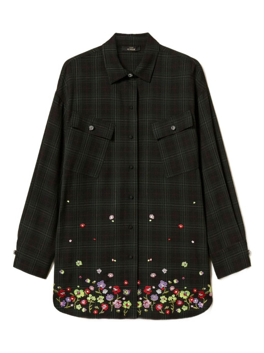Twin-Set Dark Plaid Shirt With Floral Embroidery