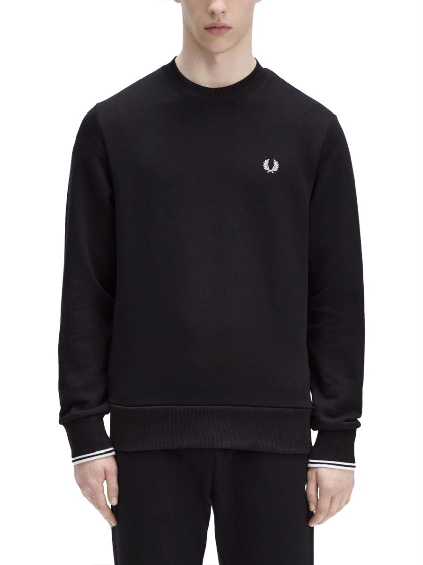 Fred Perry Crewneck Sweatshirt In Solid Black Cotton With Embroidered Laurel Wreath