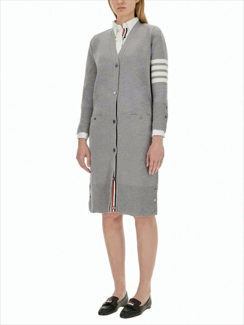 Thom Browne Light Grey Merino Wool Cardigan With Signature Stripe Accents