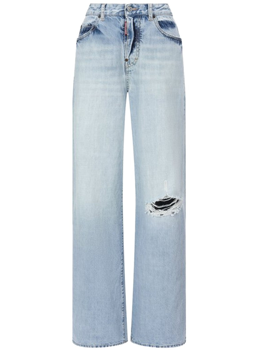 Dsquared2 Light Blue Wide-Leg Distressed Denim Jeans