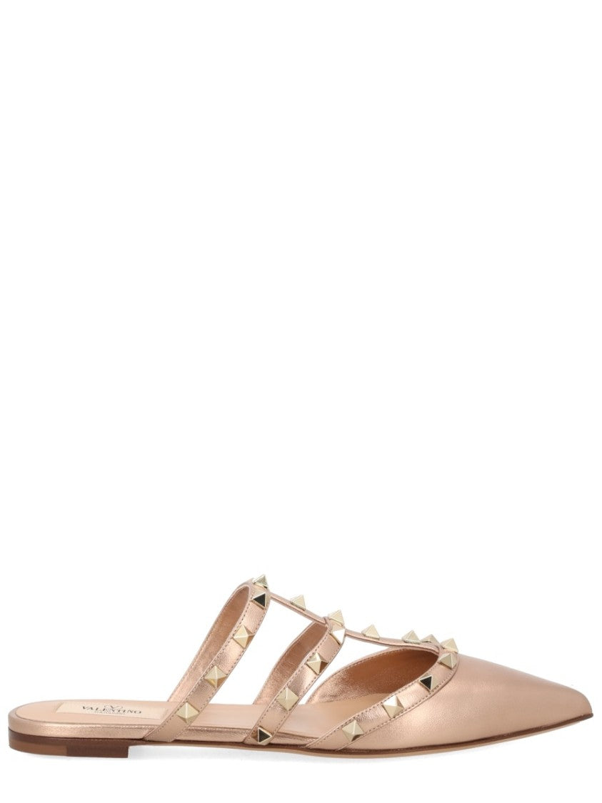 Valentino Garavani Rockstud Pointed-Toe Metallic Studded Flat Mules