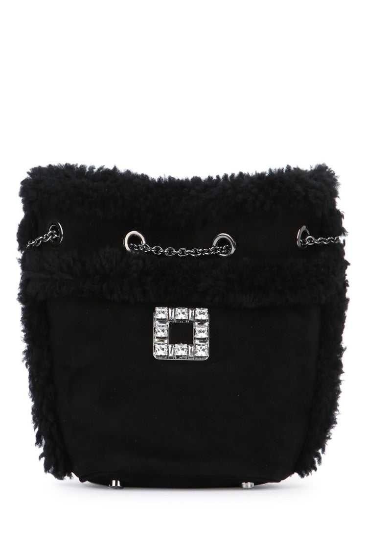 Roger Vivier Plush Black Handbag With Silver-Tone Chain Strap