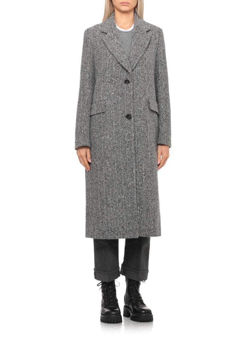 Peserico Grey Sequined Herringbone Wool Coat