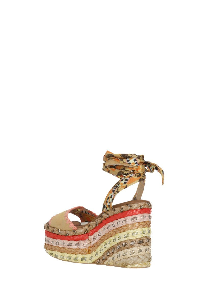 Kurt Geiger Beige Chelsea Scarf Wedges Raffia Sandals