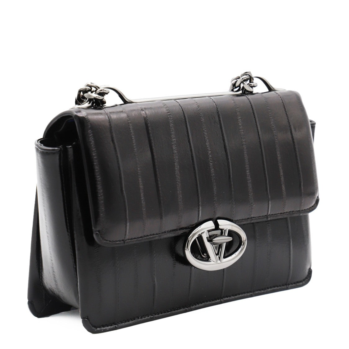 Valentino Garavani Black Leather Shoulder Bag With Silver Tone Hardware