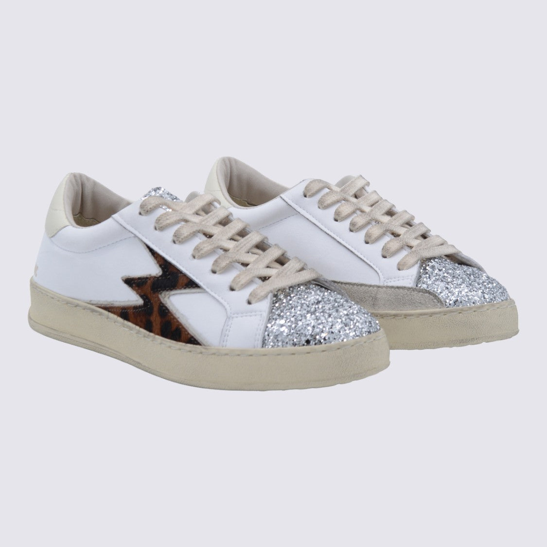 Moaconcept White And Leopard Sneakers From Moaconcept Featuring Round Toe, Laces Fastening, Side Leopard Detail, Logo Print And Rubber Sole.