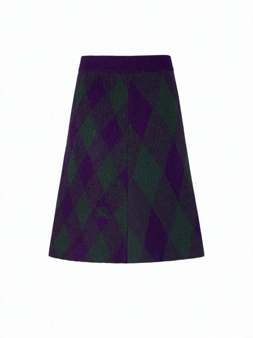 Burberry Textured Wool Midi Skirt With Bold Argyle Pattern