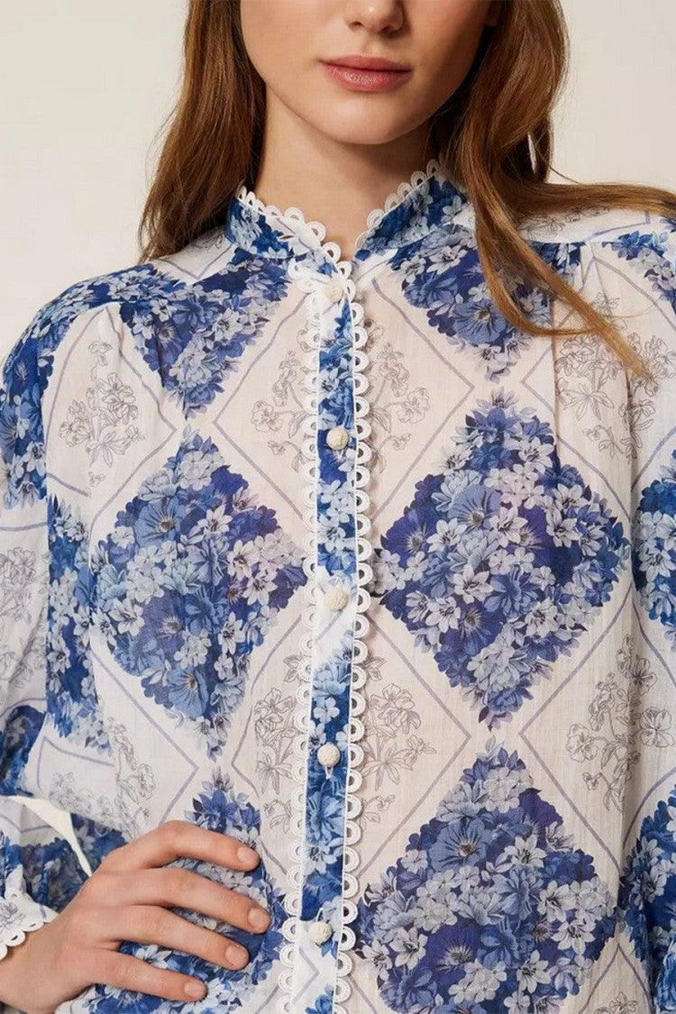 Twin-Set Blue Ramie Diamond-Patchwork Floral-Print Blouse