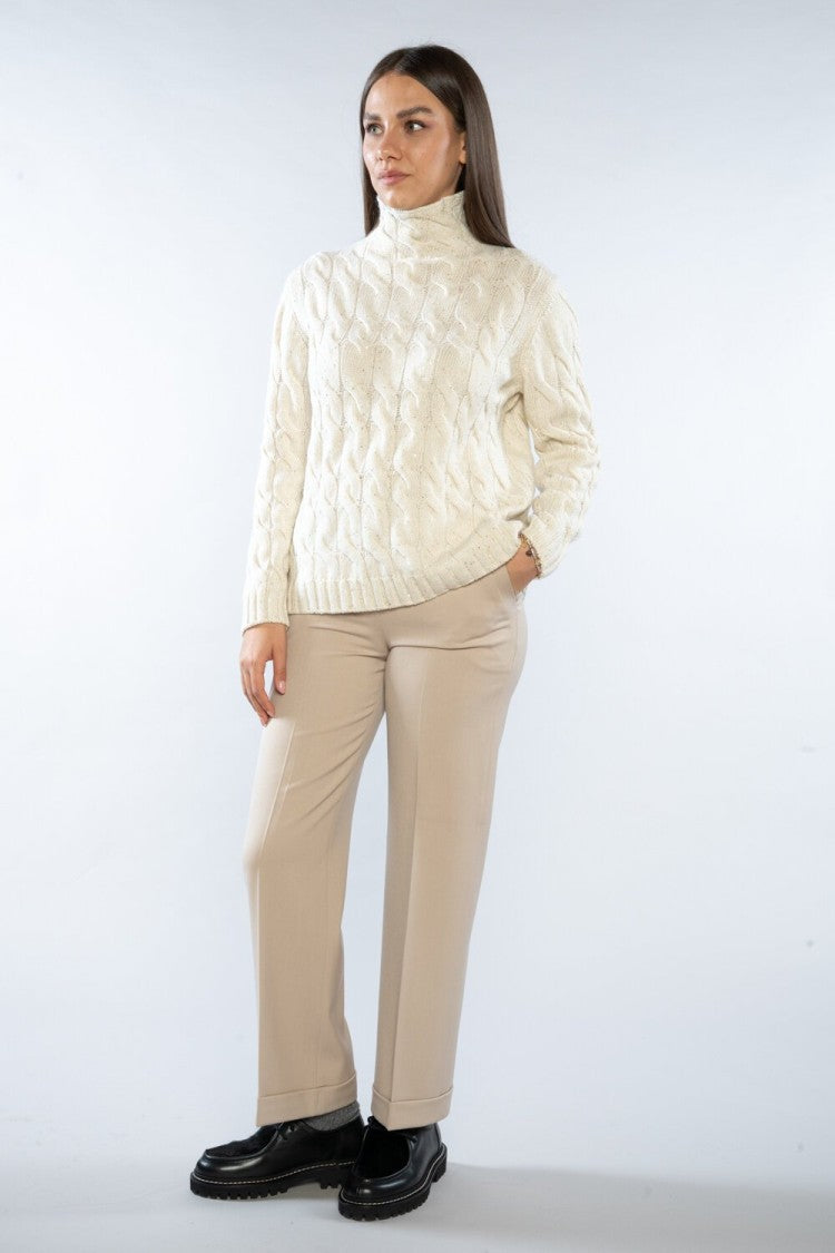 Paolo Fiorillo Capri Ivory Cable-Knit Turtleneck Sweater With Braided Pattern