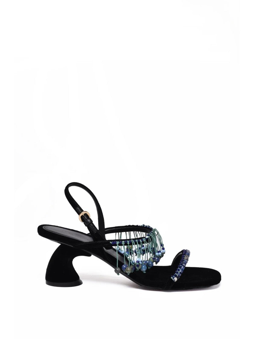 Dries Van Noten Beaded Black Velvet Covered Heel Sandals