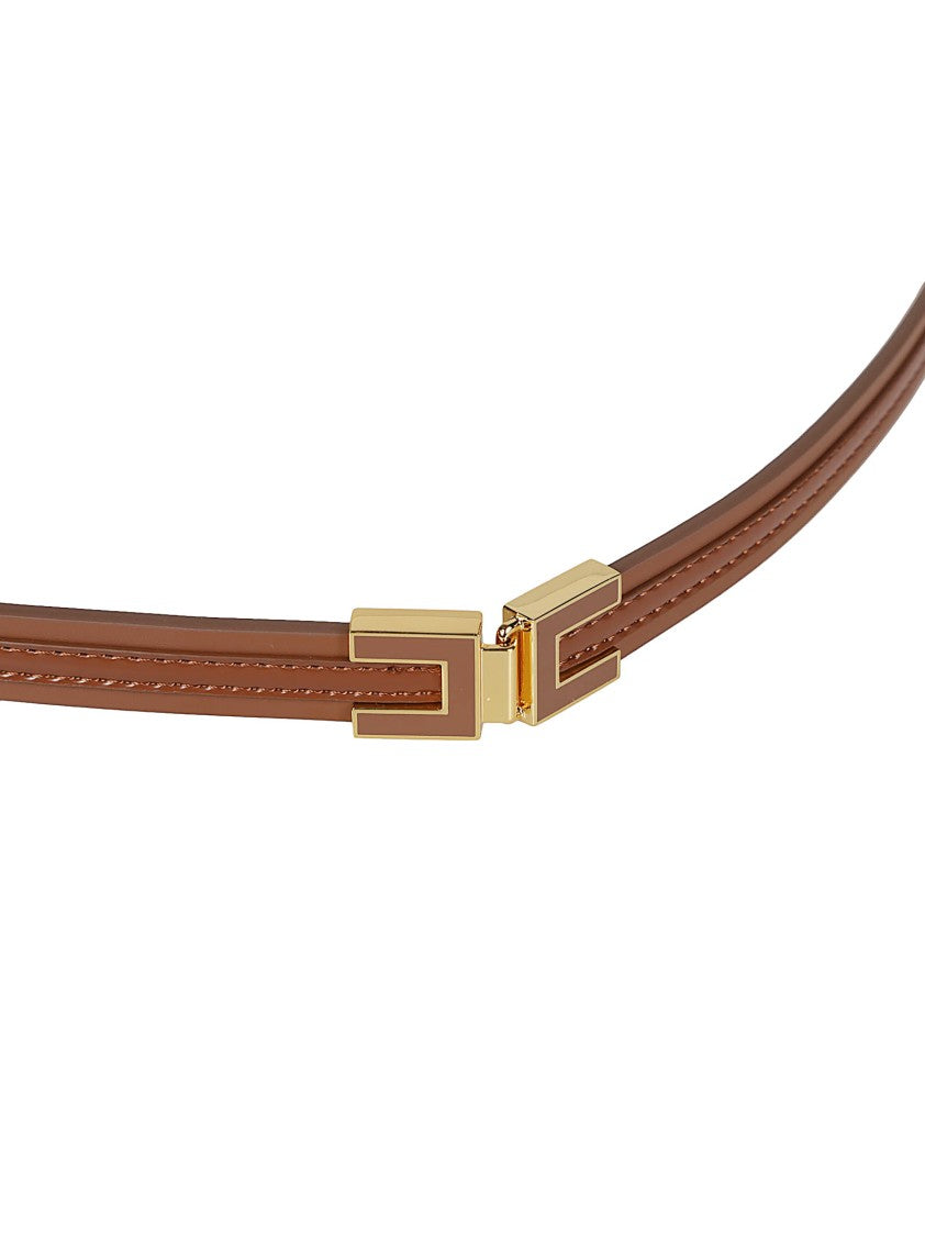 Elisabetta Franchi Slim Brown Belt With Geometric Gold-Tone Buckle